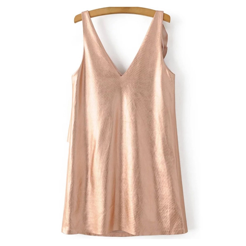 Rose Gold Metallic Ruffle Faux Suede Party Dress - Picture 2 of 8
